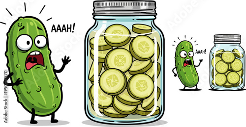 Cartoon green pickle character screaming in horror at a glass jar filled with sliced pickles, with a smaller version showing the same scene, vector illustration on white background