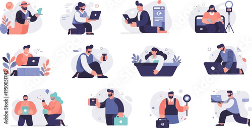 People engaged in remote work and online activities with technology