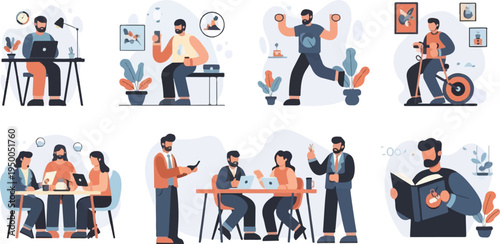 People engaged in various activities, from work to exercise and social gatherings