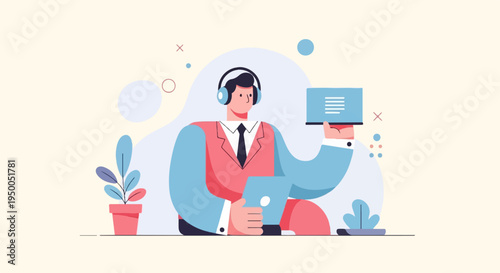 Male support agent with headphones, tablet and laptop, illustrated