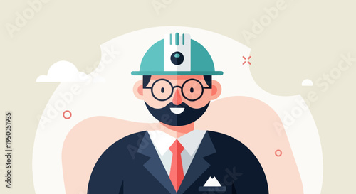 Minimalist flat illustration of a bearded man wearing a hard hat and suit