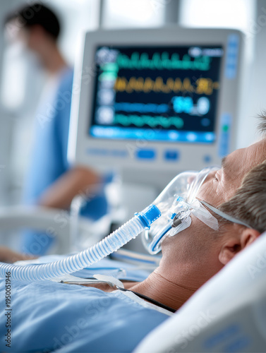 Hospital patient lying in intensive care unit bed with oxygen mask connected to ventilator while vital signs monitor displays heart rate in the background.