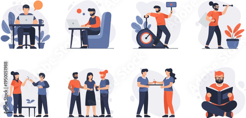 People engaged in various activities working, exercising, socializing, reading