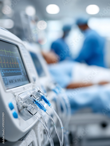 Modern hospital patient monitor displaying vital signs in an intensive care unit with medical staff in the background.