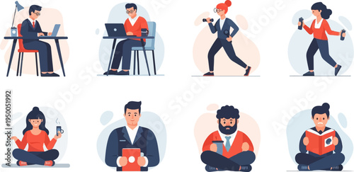 People engaged in various activities work, exercise, and relaxation