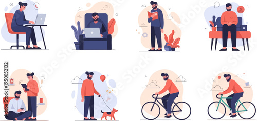 People engaged in various leisure activities and work, including cycling