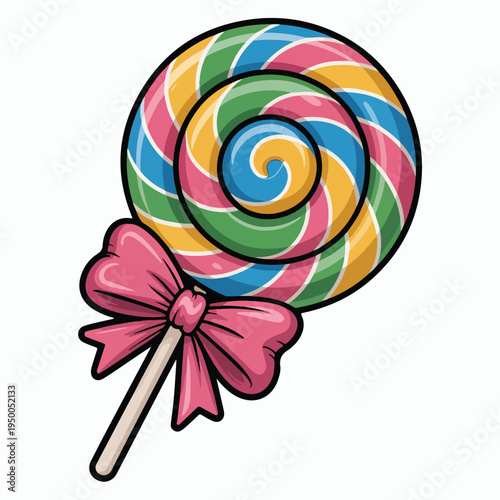 Colorful striped rainbow swirl candy lollipop on a stick, a sweet round sugar ball with a spiral design isolated on a white background for fun food illustration