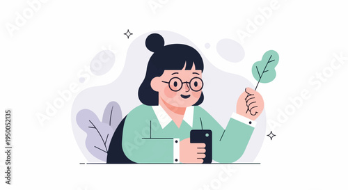 Person holding phone and leaf, surrounded by abstract shapes