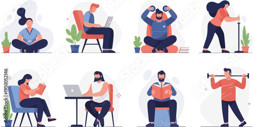 People engaged in various leisure and fitness activities, reading and working on laptops