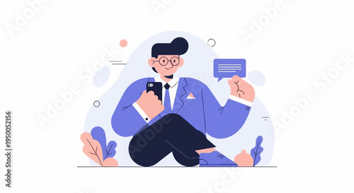 Man in suit using phone, communicating via message bubble