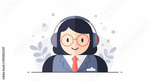 Friendly person with headphones and glasses, smiling, wearing a suit and tie