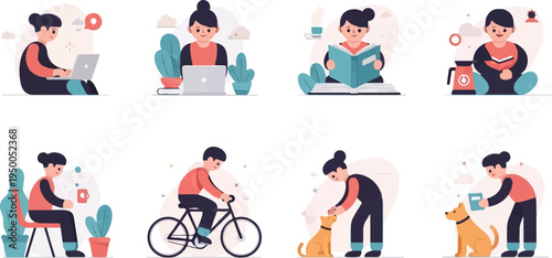 People engaging in various leisure activities like reading, cycling, and pet care