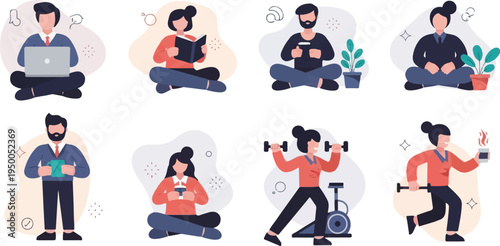 People engaging in various leisure activities, work, and fitness pursuits