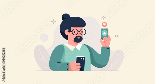 Person holding phone showing social media profile with likes and follows