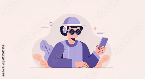 Flat illustration of person with headphones, sunglasses, and phone, with leaves