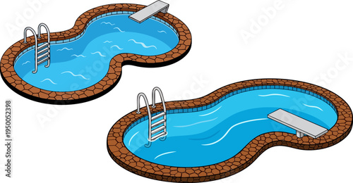 Set of two cartoon-style vector swimming pools with blue water, ladders, and diving boards, featuring brown stone-textured edges, isolated on a white background for summer recreation and leisure