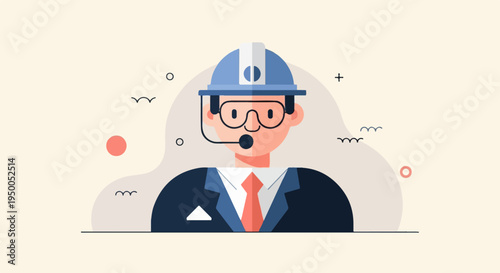 Minimalist illustration of a person wearing a hard hat and headset