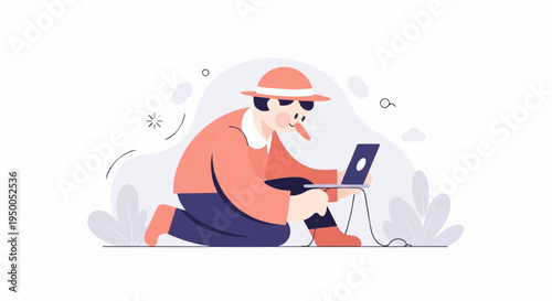 Minimalist illustration of a person with a long nose working on a laptop