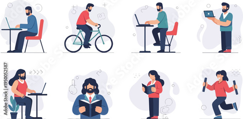 People working and exercising in a modern flat illustration style