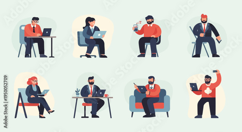 People working on laptops and taking selfies in a modern office setting