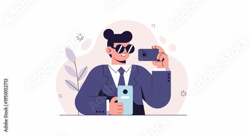 Man in suit with sunglasses taking a selfie with a camera and phone