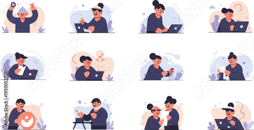 People working on laptops, drinking coffee, and interacting in various settings