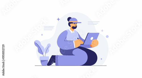 Person in casual clothing with cap using laptop, sitting on floor with potted plant