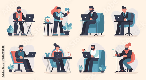 People working on laptops in various settings, some seated, some standing