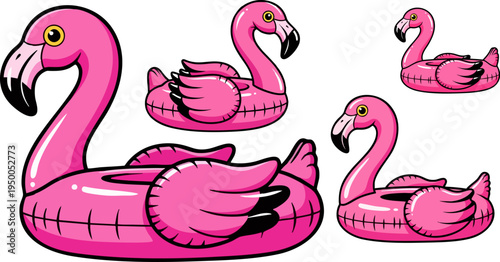 Set of 4 Pink Flamingo Inflatable Pool Floats Vector Illustration for Summer Fun, Vacation, and Party Designs