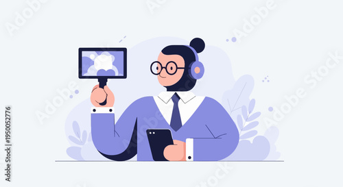 Modern digital assistant with tablet, phone, and headphones