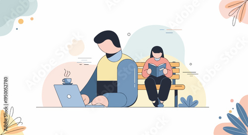 Minimalist illustration of people working and reading outdoors on a pleasant day
