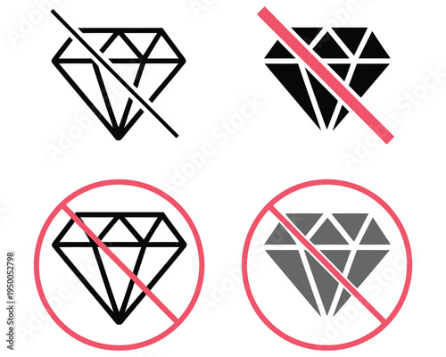 No, diamond jewelry icon set with prohibition and ban symbols, representing restricted items, clean modern flat vector design for retail, public warnings, apps, and user interface projects.
