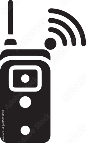 Black icon of a walkie talkie with transmitting signal waves minimalist vector illustration