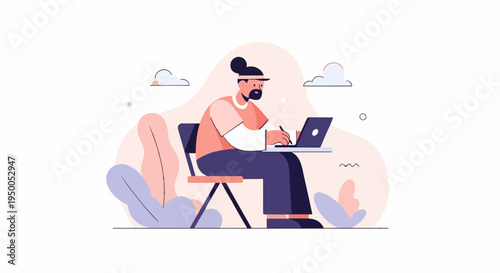 Person at desk with laptop, surrounded by abstract plants and clouds