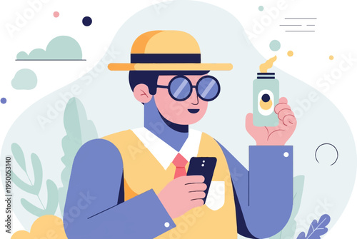 Man in yellow hat, glasses, and vest holds phone and bottle