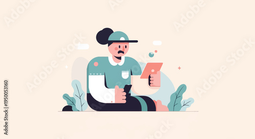 Person in a cap looking at a tablet with a phone in hand