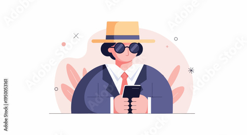 Mysterious figure in a hat and sunglasses uses a smartphone with floral background