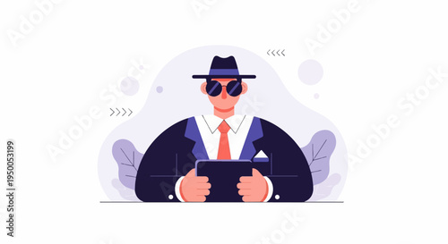 Mysterious figure in suit and hat holds tablet with abstract background