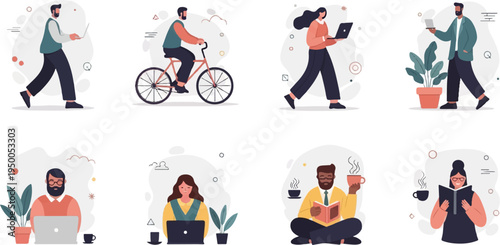 Modern flat illustration depicting people working and relaxing with technology and drinks
