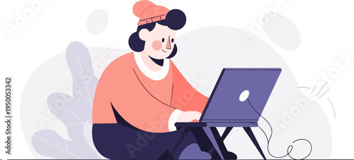 Person in coral outfit using a laptop with a plant motif