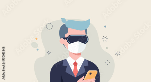 Man wearing VR headset and mask, holding a smartphone