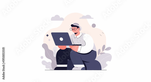 Modern flat illustration of a person using a laptop amidst abstract shapes and plants