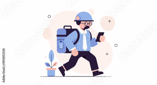 Man with backpack and phone walking, abstract shapes background