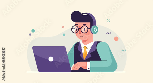 Person in headphones and glasses using a laptop