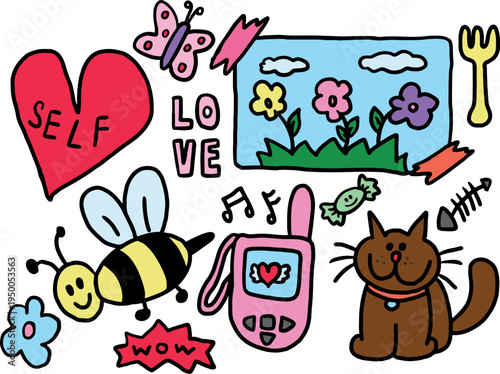 Vector illustrations of kid drawing style elements including self love heart, butterfly, bee, flip phone, flower, postcard, cat, candy, fork, fish bone for decorations, stickers, icon set, summer vibe