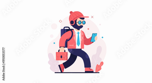 Man with briefcase, backpack, and phone walking