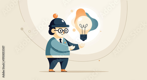 Person in a hat and glasses presents a glowing idea bulb with colorful abstract shapes