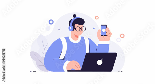 Person in headphones and glasses working on a laptop with a phone
