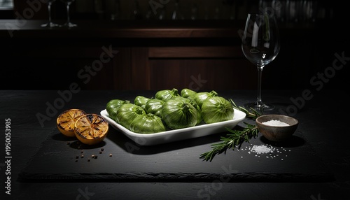 Artisanal green squashes on dark slate in rustic restaurant