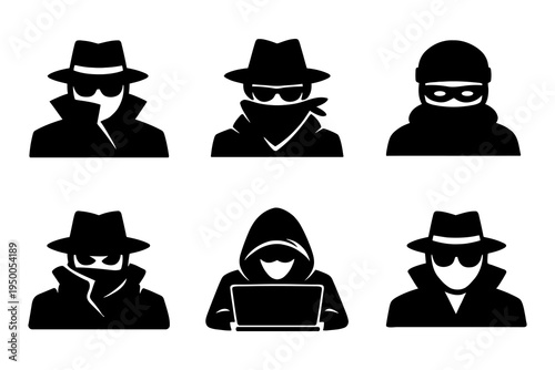 Vector graphic illustration of six different masked individuals with various headwear and a hacker with a laptop